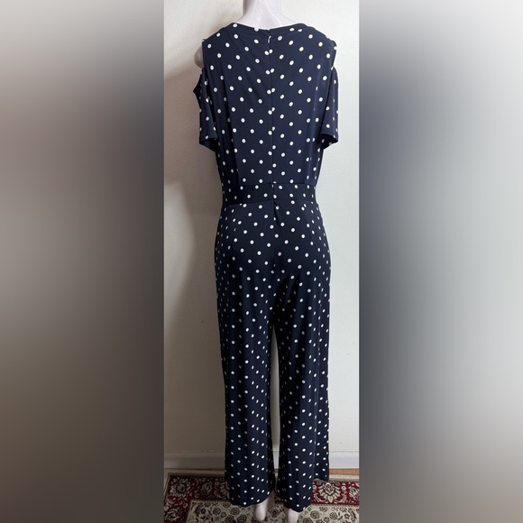 (H1)The Limited Navy Blue Polka Dot Zip Up Off Shoulder Wide Leg Jumpsuit,Size S - Picture 2 of 16